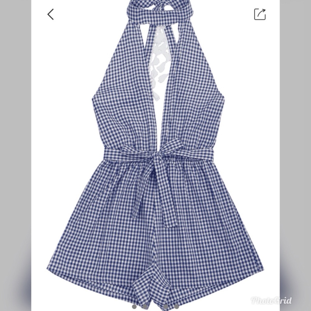 Sexy blue and white gingham tassel romper